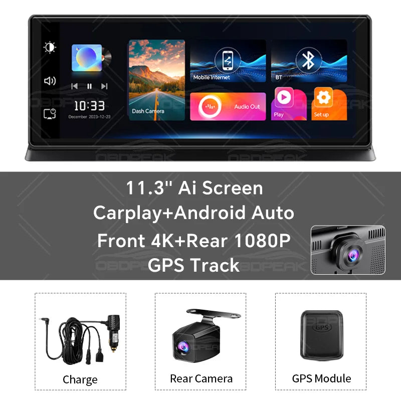 K2 Pro 11.3" Car DVR 4K Camera Wireless Carplay Android  Screen Dash Cam Dual Len Video Recorder GPS Navigation Dashboard