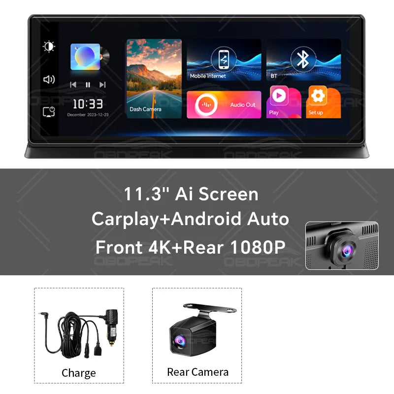 K2 Pro 11.3" Car DVR 4K Camera Wireless Carplay Android  Screen Dash Cam Dual Len Video Recorder GPS Navigation Dashboard