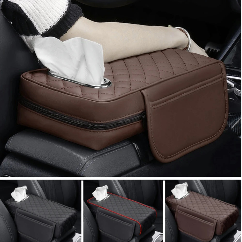 Car Armrest Mat With Tissue Storage Memory Foam Height Pad Universal Auto Center Console Arm Rest Protection Cushion