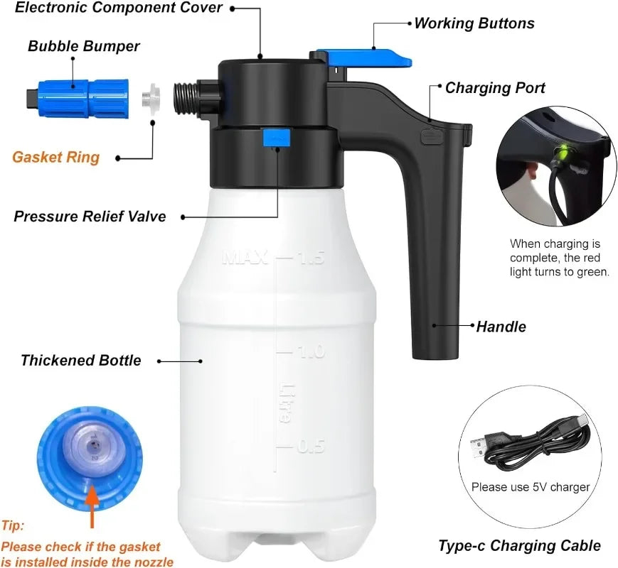 1.5L Car Wash Foam Sprayer Electric Pressurized Foam Cannon Multi-Purpose Snow Foam Car Wash Spray Car Home Cleaning Tool